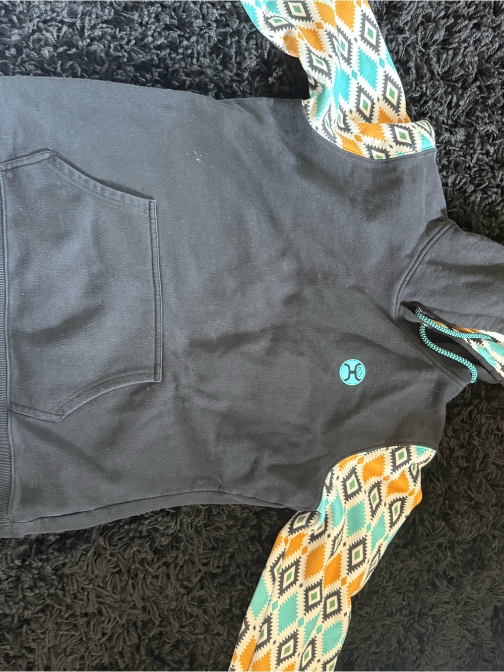 Hooey Black Hoodie with Teal & Orange Patterned Sleeves